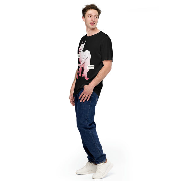 Lets Go Into The Forest, Unisex T-Shirt featuring a cute spider eyed cat illustration on a black background.