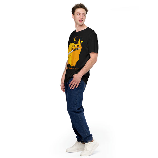 Raise Some Heck, Unisex T-Shirt modeled by a man in a cute orange cat graphic tee, showcasing its soft and comfortable fit.