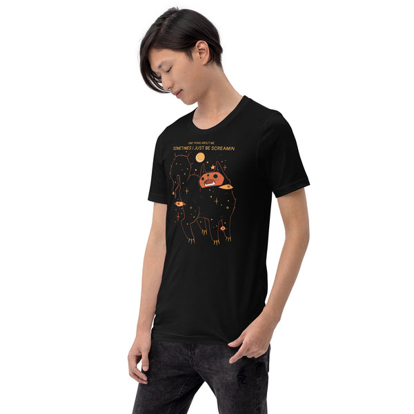 I Be Screamin, Unisex T-Shirt featuring a cat illustration with a meme quote, designed for comfort and style.