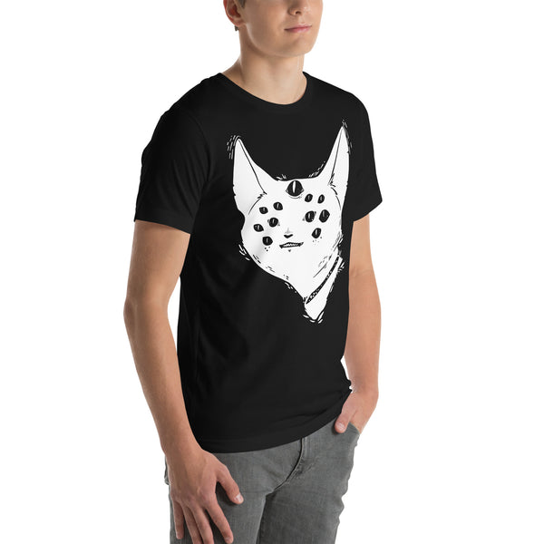 Unisex black t-shirt featuring a many-eyed cat illustration, soft and comfortable, perfect for both men and women.