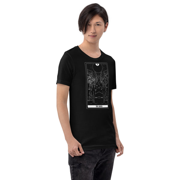 Unisex t-shirt featuring original artwork of The Lovers tarot card on a model, soft and eco-friendly fabric.