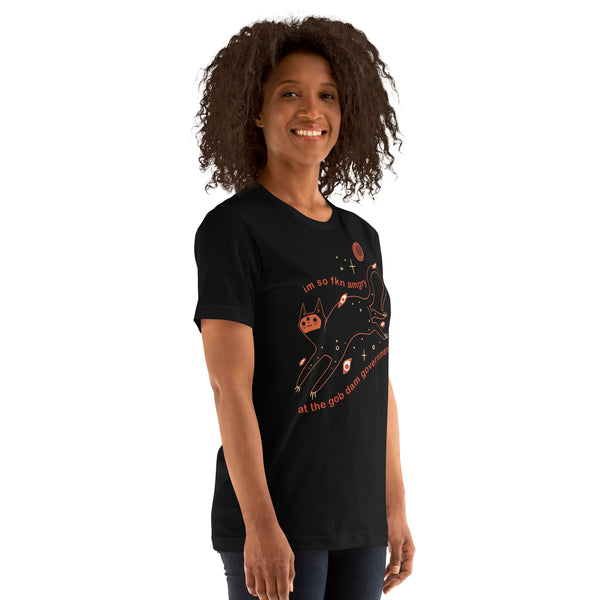 Amgry Orion, Unisex T-Shirt featuring a black cat illustration and meme text on a lightweight tee.