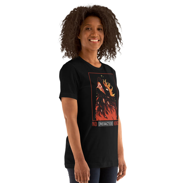 No Kings Wolf, Unisex T-Shirt featuring a mad Wolf King illustration on a black background.