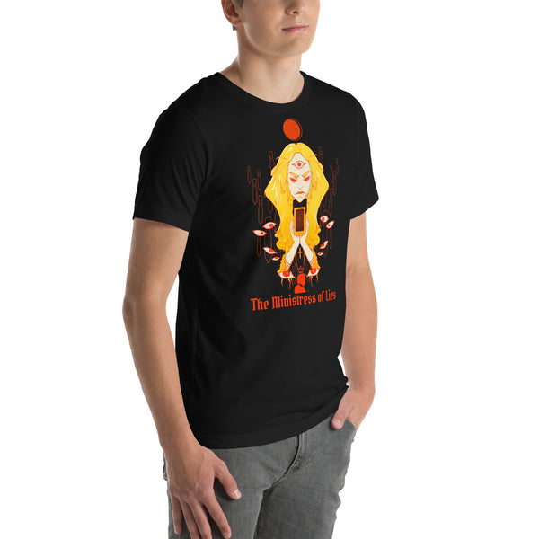 The Ministress of Lies, Unisex T-Shirt featuring original illustration on a black graphic tee.