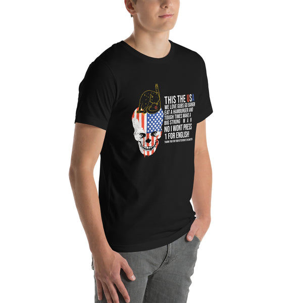 This The USA, Unisex T-Shirt design featuring a graphic with a skull and American flag colors.