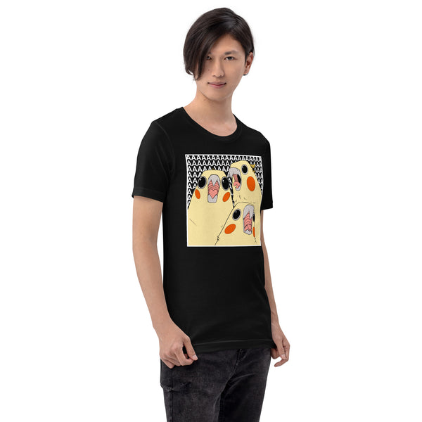 Cockatiel Scream, Unisex T-Shirt featuring a colorful original illustration of cockatiels on a black tee.