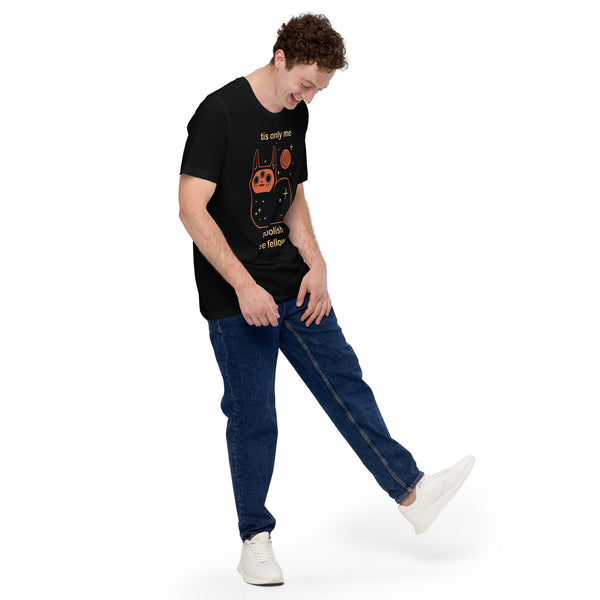 Orion Wee Fellow, Unisex T-Shirt showcased on model, featuring black cat illustration and playful text.
