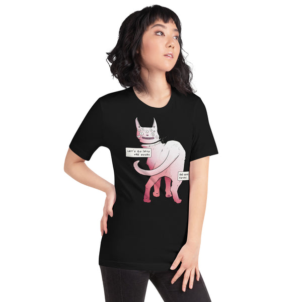 Lets Go Into The Forest, Unisex T-Shirt featuring a cute spider eyed cat illustration with meme text.