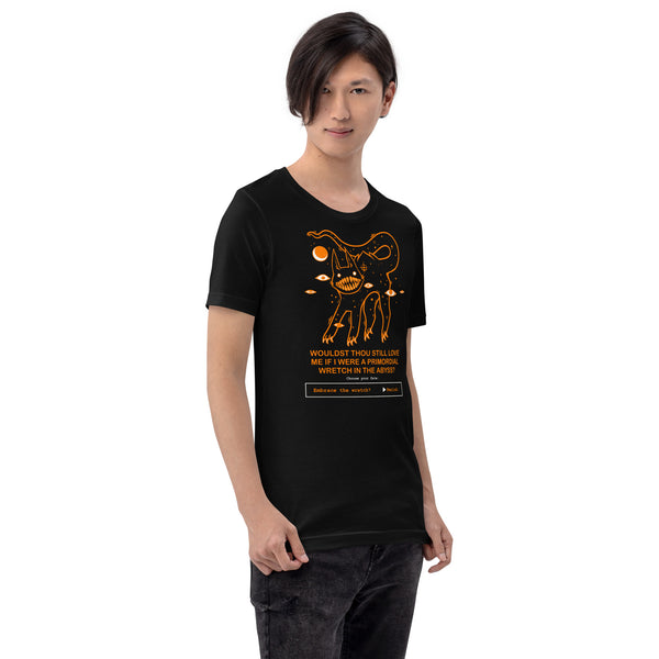 Would You Still Love Me? Unisex T-Shirt worn by a model featuring a creepy black cat illustration.