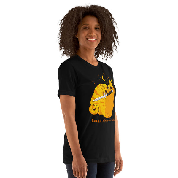 Raise Some Heck, Unisex T-Shirt featuring a cute orange cat illustration and 'lets go raise some heck' text.