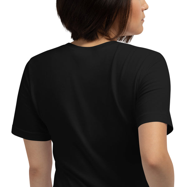 Back view of a woman wearing a Live Laugh Lop, Unisex T-Shirt in black, showcasing its comfort and style.