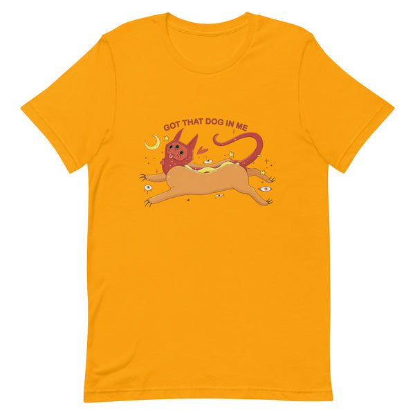 Got That Dog In Me, Unisex T-Shirt featuring an illustration of a cat in a hot dog on a bright yellow background.
