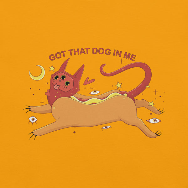 Got That Dog In Me, Unisex T-Shirt featuring Orion the cat illustrated as a hot dog on an orange background.