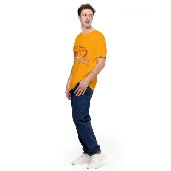 Got That Dog In Me, Unisex T-Shirt worn by a man, featuring a hot dog cat illustration, in a soft, vibrant design.
