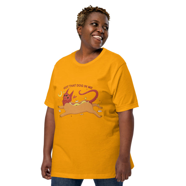 Got That Dog In Me, Unisex T-Shirt featuring a cat as a hot dog illustration on a yellow tee, perfect for men and women.