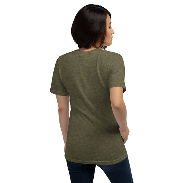Back view of a woman wearing a cute black cat on skulls unisex t-shirt in olive green.
