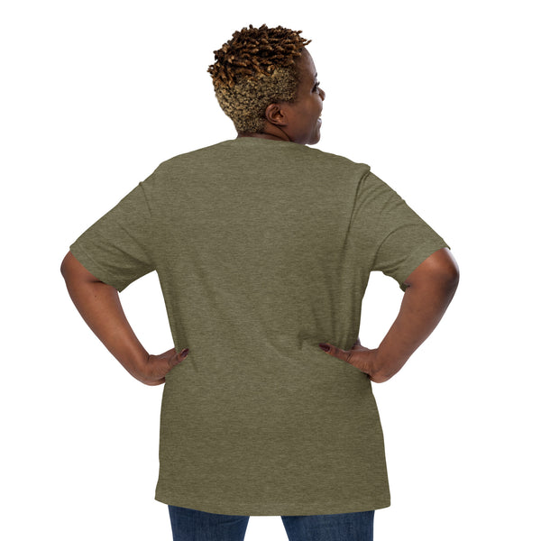 Back view of a person wearing a comfortable unisex olive green cat on skulls t-shirt, showcasing its relaxed fit.