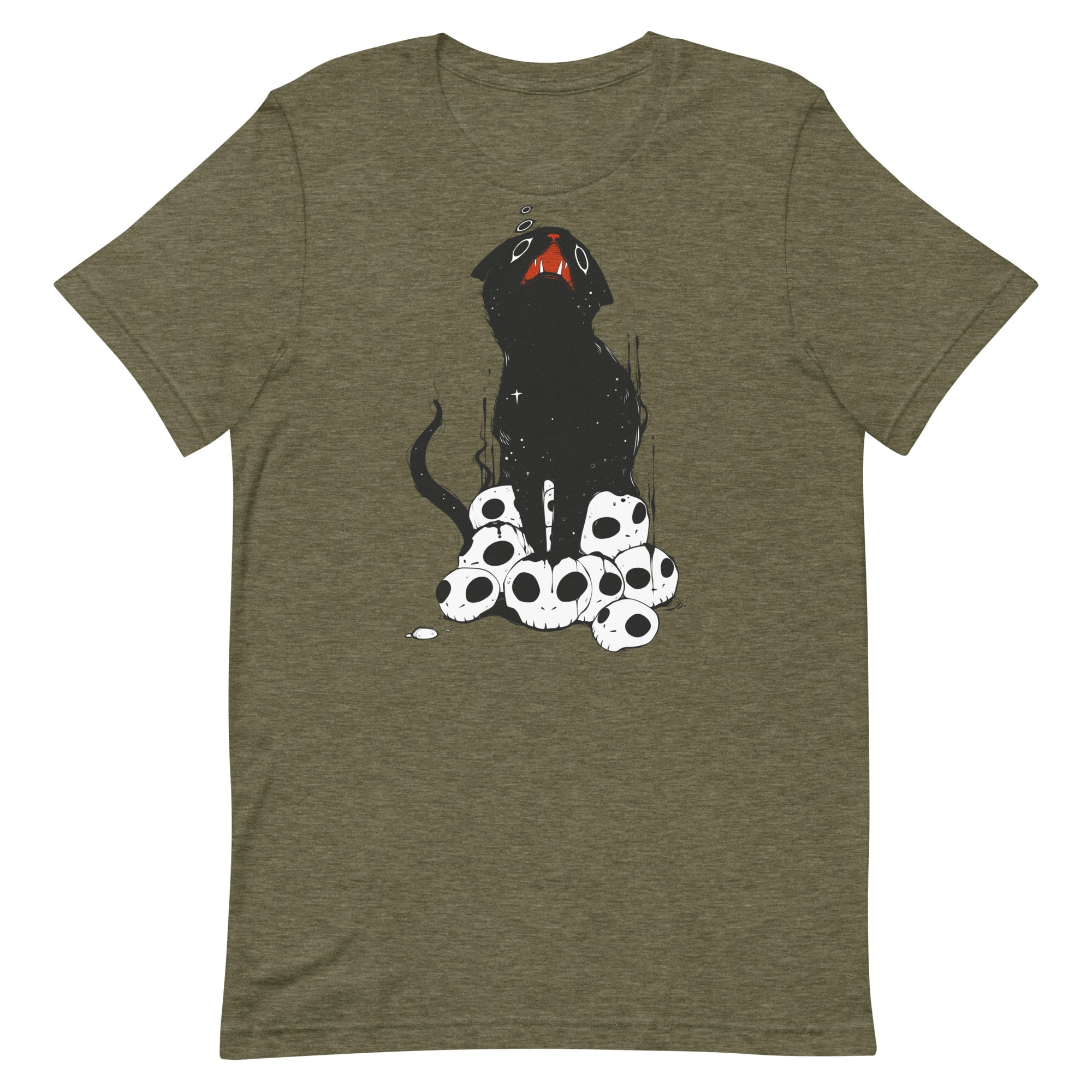 Cute black cat illustration on a t-shirt surrounded by skulls, unisex, eco-friendly, lightweight and comfortable.