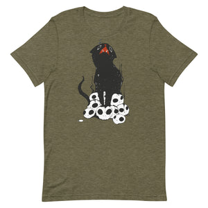 Cute black cat illustration on a t-shirt surrounded by skulls, unisex, eco-friendly, lightweight and comfortable.