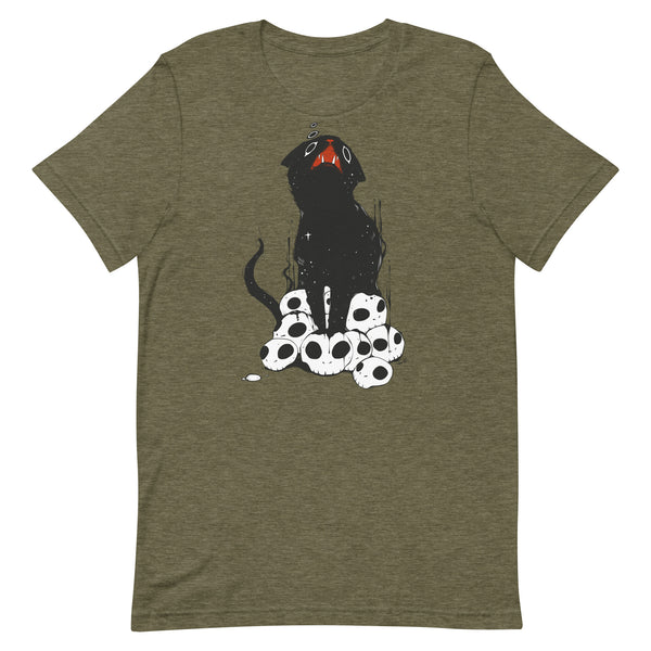 Cute black cat illustration on a t-shirt surrounded by skulls, unisex, eco-friendly, lightweight and comfortable.