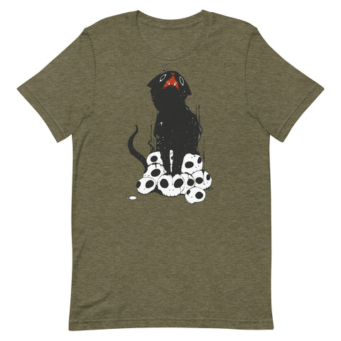 Cute black cat illustration on a t-shirt surrounded by skulls, unisex, eco-friendly, lightweight and comfortable.