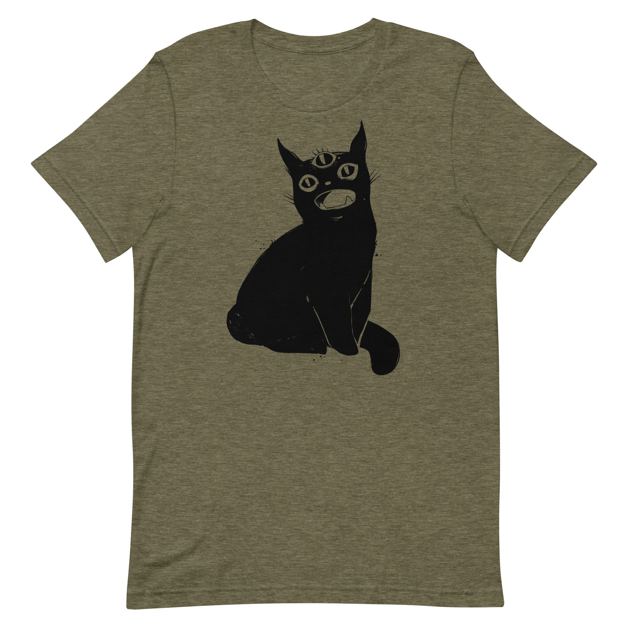 Unisex T-shirt featuring original illustration of a cute black cat with a third eye, soft and eco-friendly.