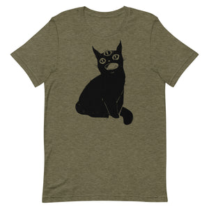 Unisex T-shirt featuring original illustration of a cute black cat with a third eye, soft and eco-friendly.