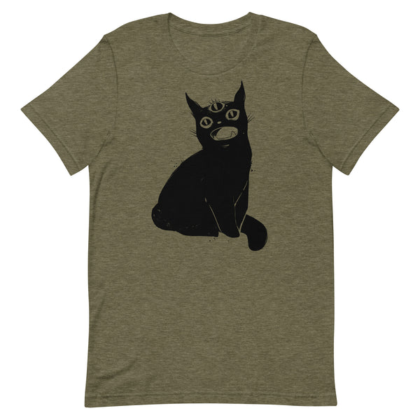 Unisex T-shirt featuring original illustration of a cute black cat with a third eye, soft and eco-friendly.