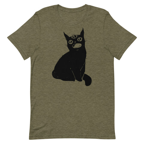 Unisex T-shirt featuring original illustration of a cute black cat with a third eye, soft and eco-friendly.