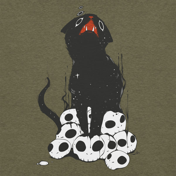 Cute black cat illustration on skulls, featured on a lightweight unisex t-shirt for comfort and style.