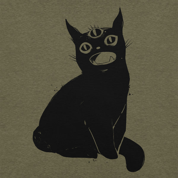 Cute black cat with a third eye illustration on an unisex t-shirt, featuring a comfortable cotton fabric.