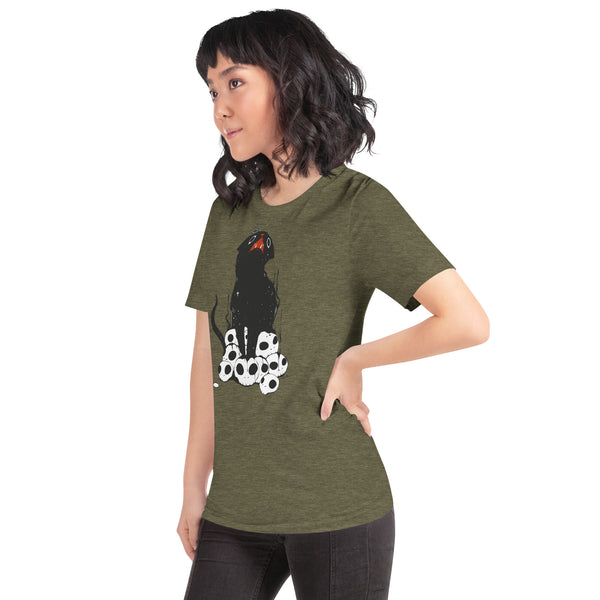 Cute black cat graphic on skulls unisex t-shirt in olive green, soft and comfortable for all genders.
