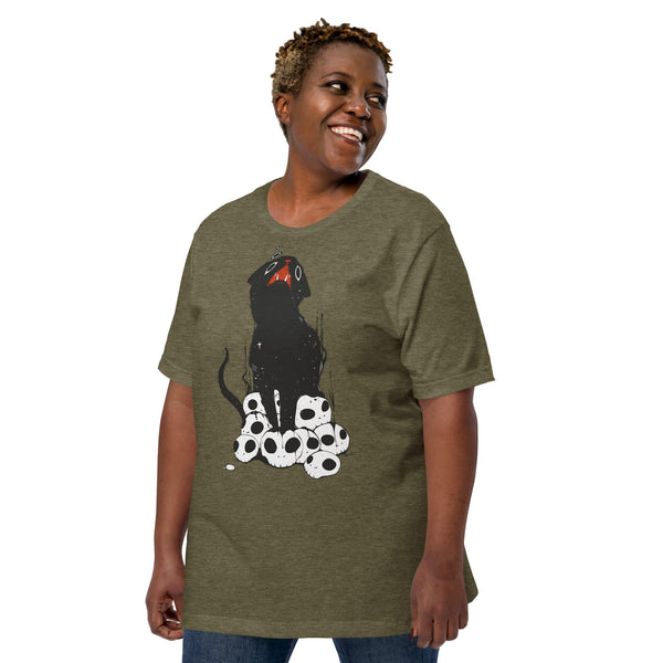 Unisex t-shirt featuring a cute black cat on skulls, ideal for casual wear and eco-friendly fashion.