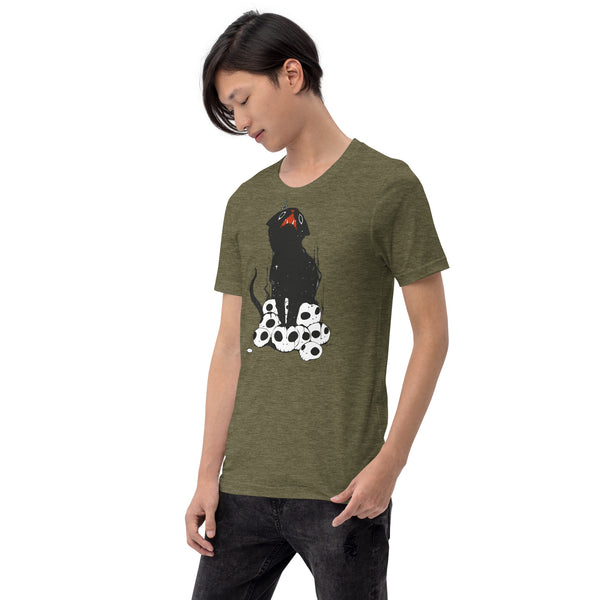 Unisex t-shirt featuring a cute black cat on a bed of skulls design, lightweight and comfortable for all wearers.