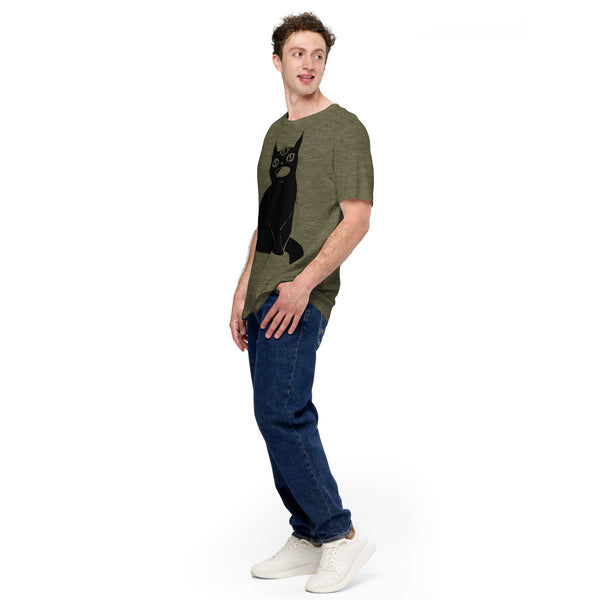 Unisex T-shirt featuring a cute black cat with a third eye, model wearing an olive green tee, casual fashion.