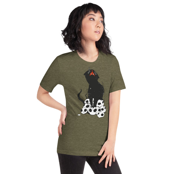 Unisex olive t-shirt featuring a cute black cat on skulls, perfect for men and women, made from soft cotton.