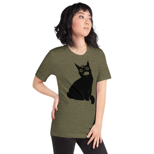 Unisex olive green T-shirt featuring a cute black cat with a third eye illustration, perfect for casual wear.