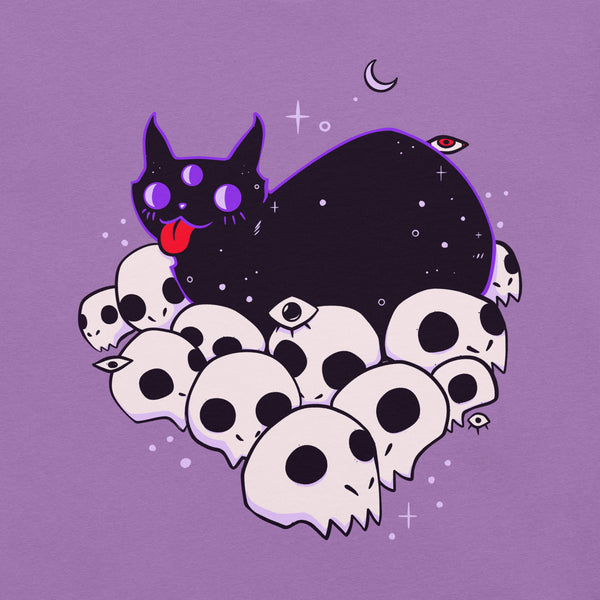 Cute black cat lying on skulls, lightweight unisex graphic tee design in purple.