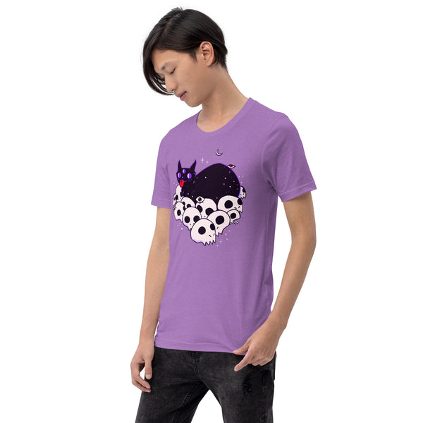 Unisex purple t-shirt featuring a cute black cat lying on skulls illustration, perfect for cat lovers.