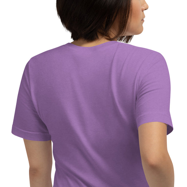 Back view of a unisex purple t-shirt suitable for men and women, showcasing its soft fabric and relaxed fit.