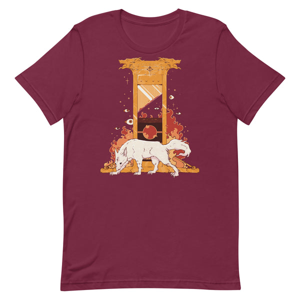 Only Tyrants Are Above The Law, Unisex T-Shirt featuring a white wolf illustration in front of a gold guillotine.