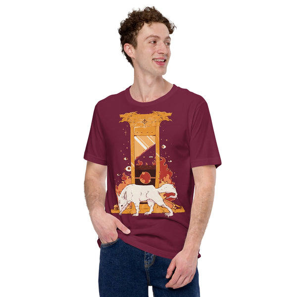 Only Tyrants Are Above The Law, Unisex T-Shirt featuring white wolf illustration with guillotine design.