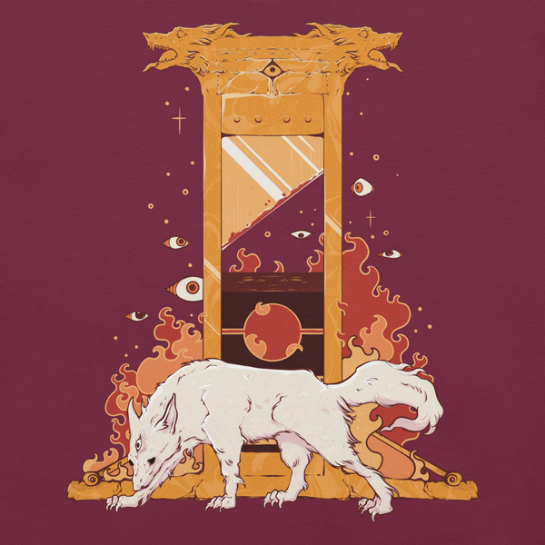 Only Tyrants Are Above The Law, Unisex T-Shirt featuring a white wolf and a golden guillotine illustration.