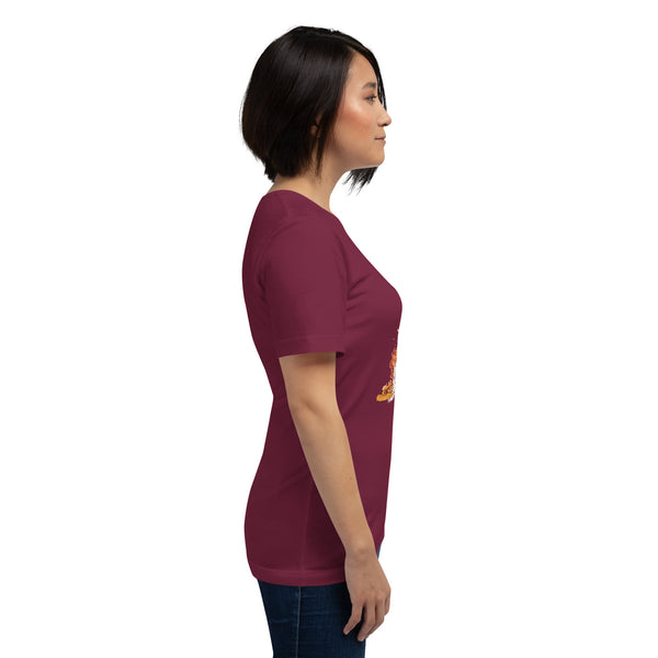 Only Tyrants Are Above The Law, Unisex T-Shirt, side view of a woman wearing a maroon graphic tee with a wolf illustration.