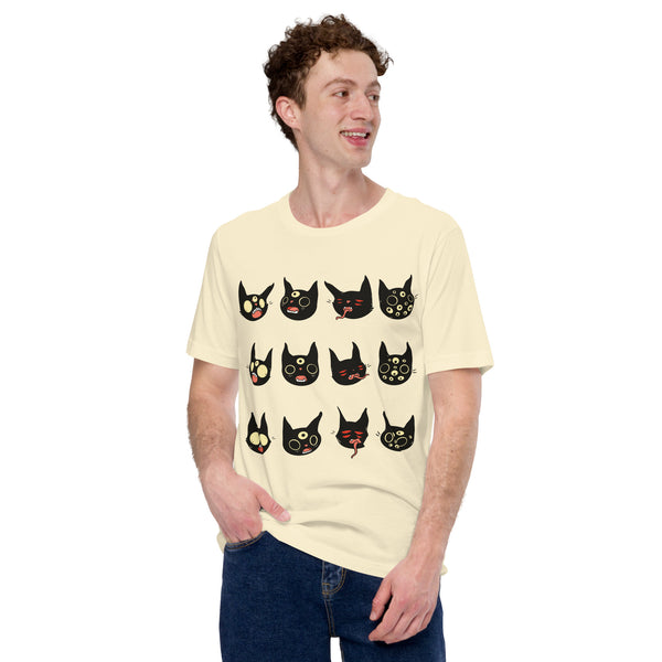 Unisex t-shirt featuring creepy cute black cat faces illustration, soft and stretchy, perfect for casual wear.