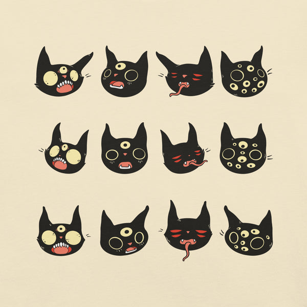 Creepy cute black cat face illustrations on unisex t-shirt, featuring unique designs and expressions.