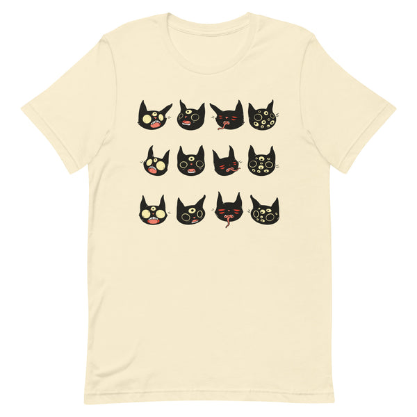 Graphic unisex t-shirt featuring original illustration of creepy cute black cat faces.