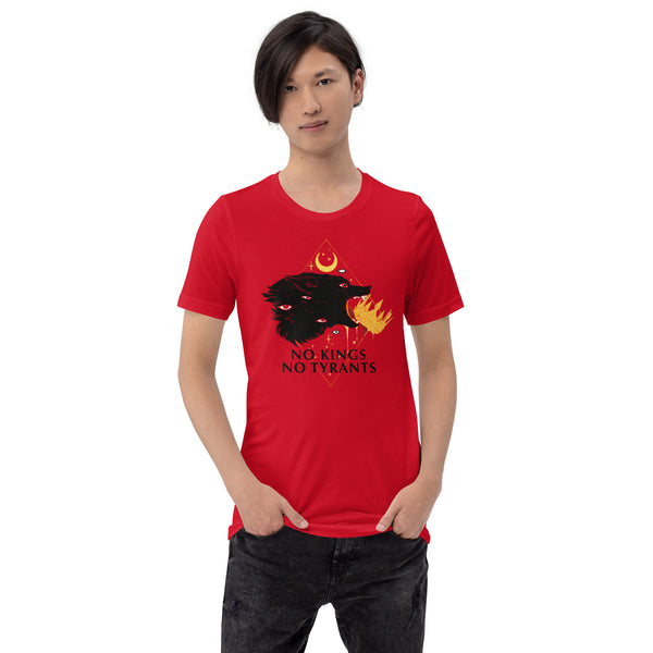 Unisex red t-shirt with wolf illustration and 'No Kings No Tyrants' text, soft, eco-friendly, comfortable fit.