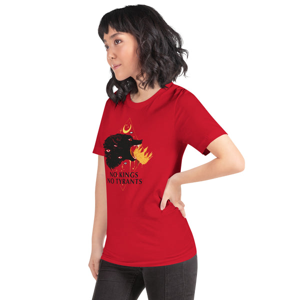 Unisex red t-shirt featuring wolf illustration and "No Kings No Tyrants" text, eco-friendly and comfortable.
