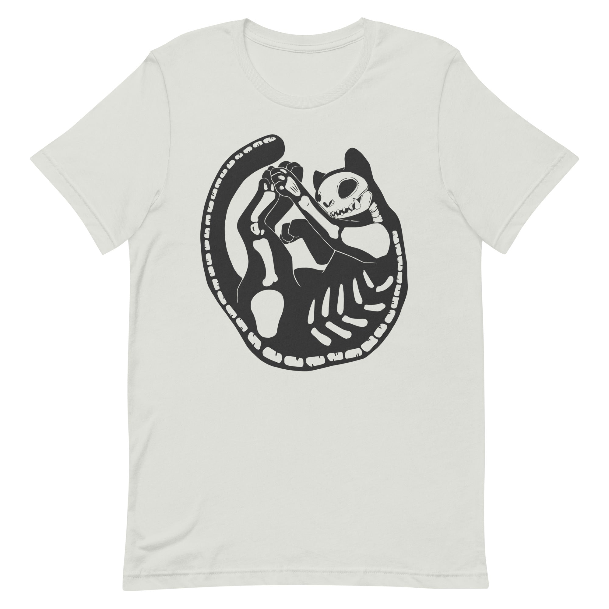 Black cat skeleton graphic T-shirt featuring playful skeleton design, perfect for men and women, soft and stretchy fabric.